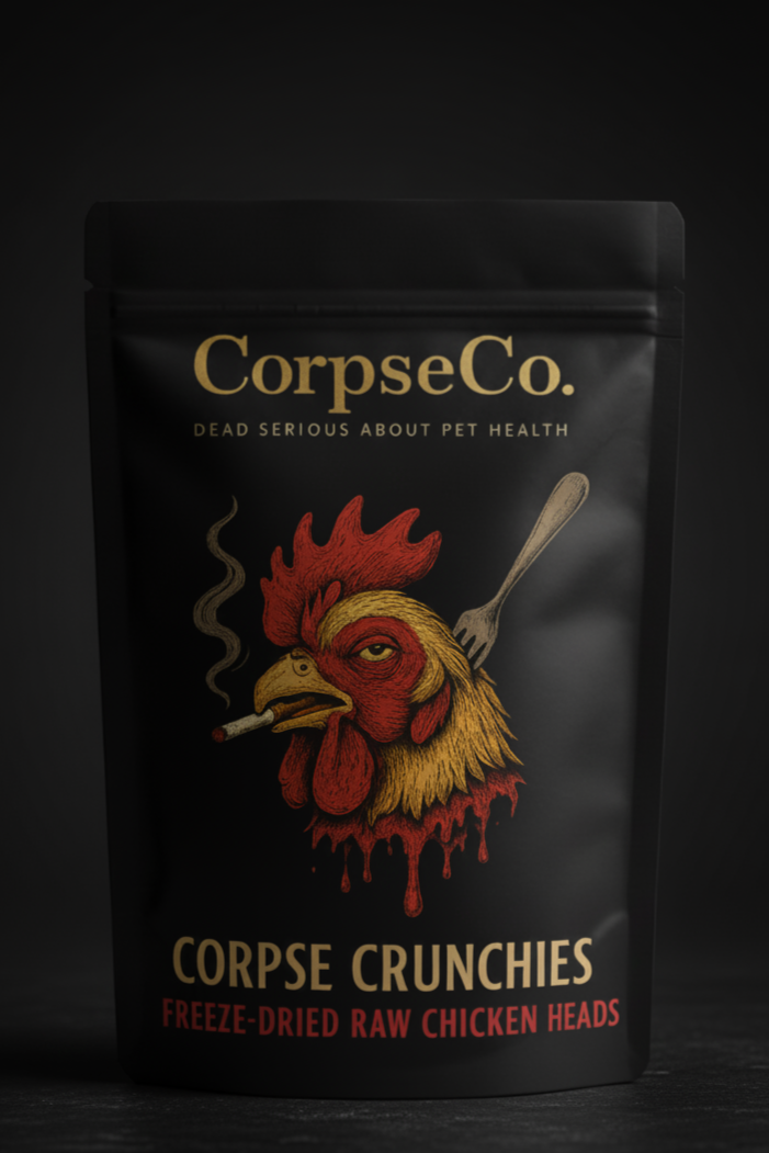 CorpseCo Corpse Crunchies bag of freeze-dried raw chicken heads